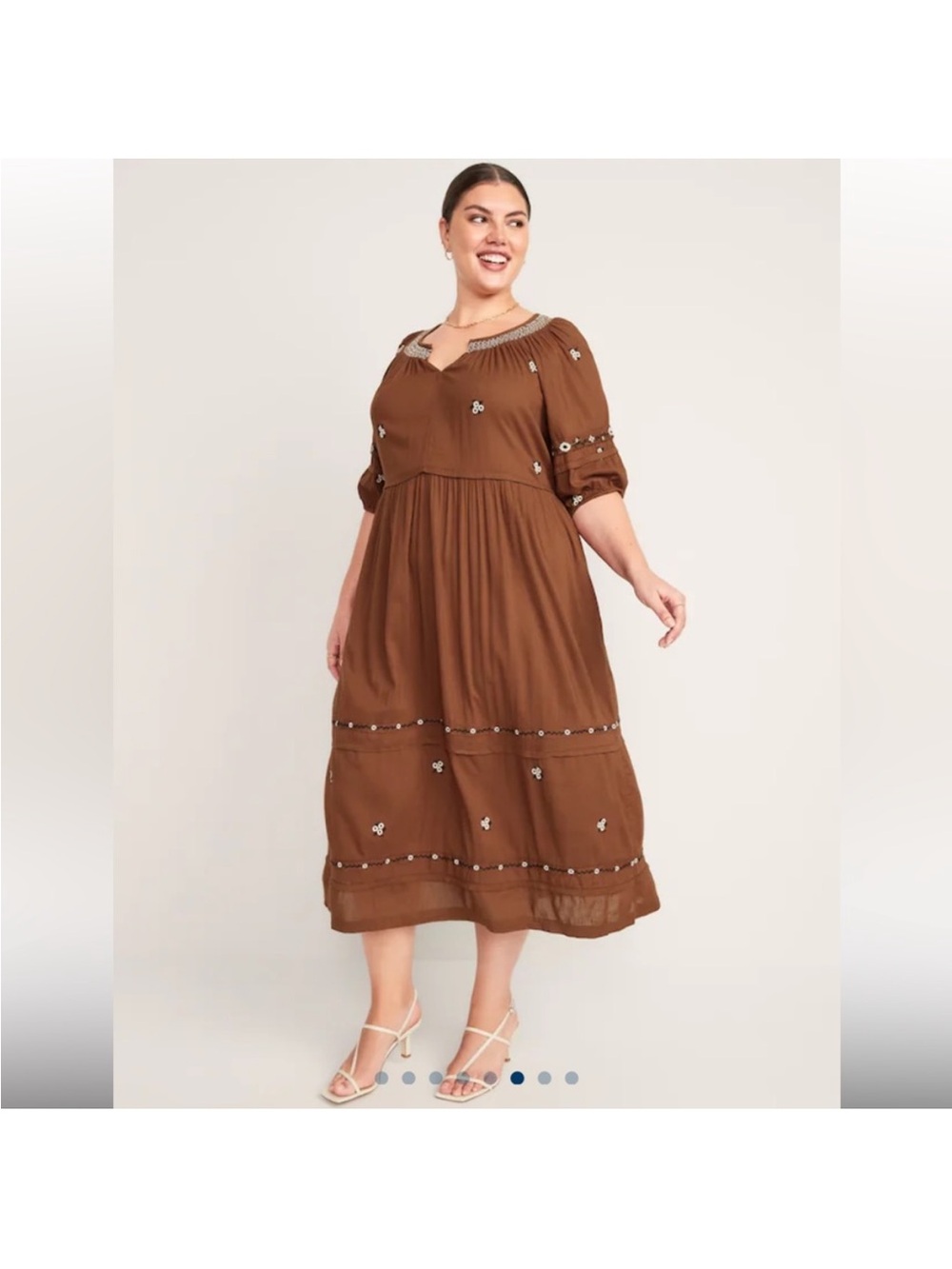 Old Navy Smocked Embroidered Puff Sleeve Tiered Brown Midi Dress Size 2X Boho